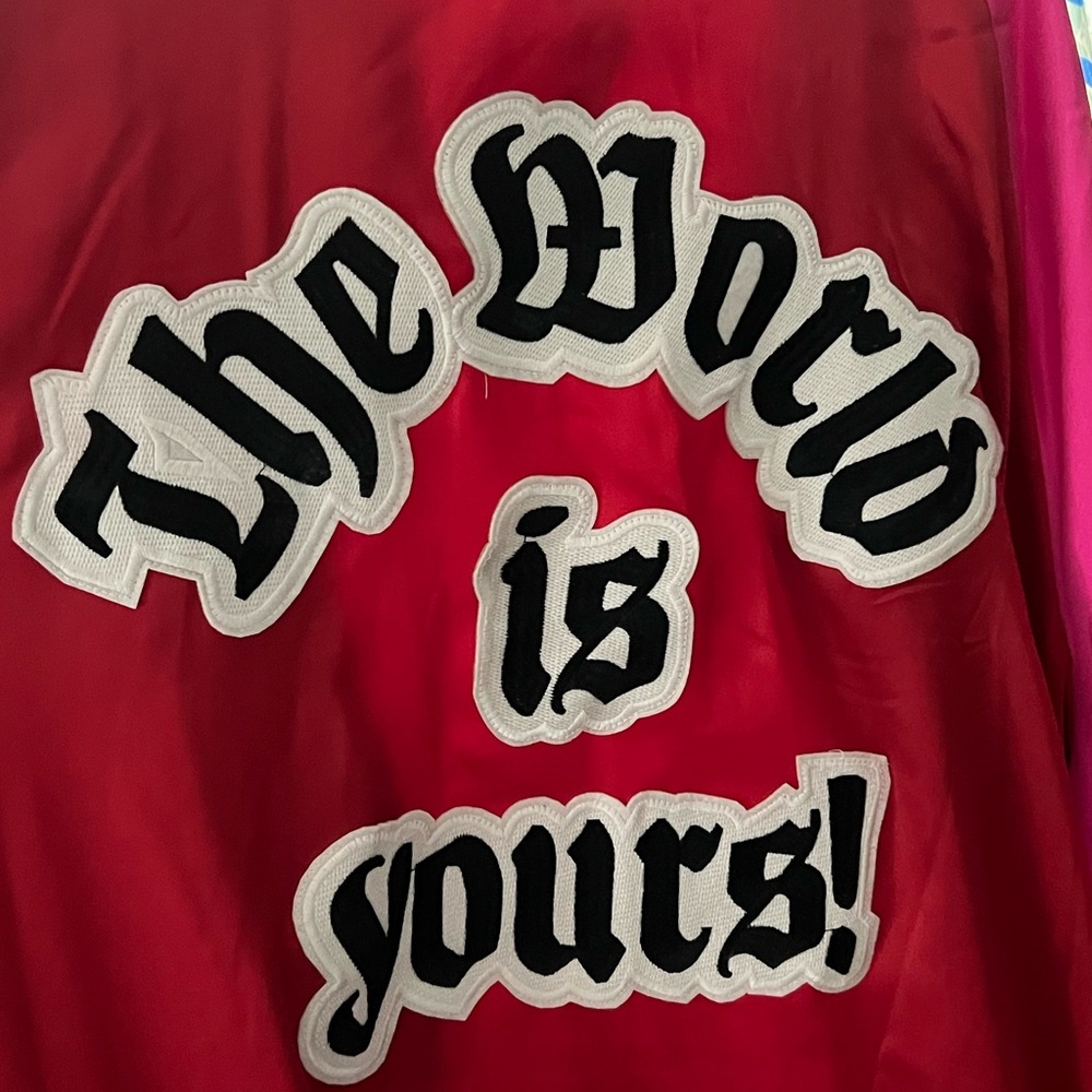 Dressed in LALA Two-Tone Red and Hot Pink Varsity Satin Jacket - Picture 4 of 8